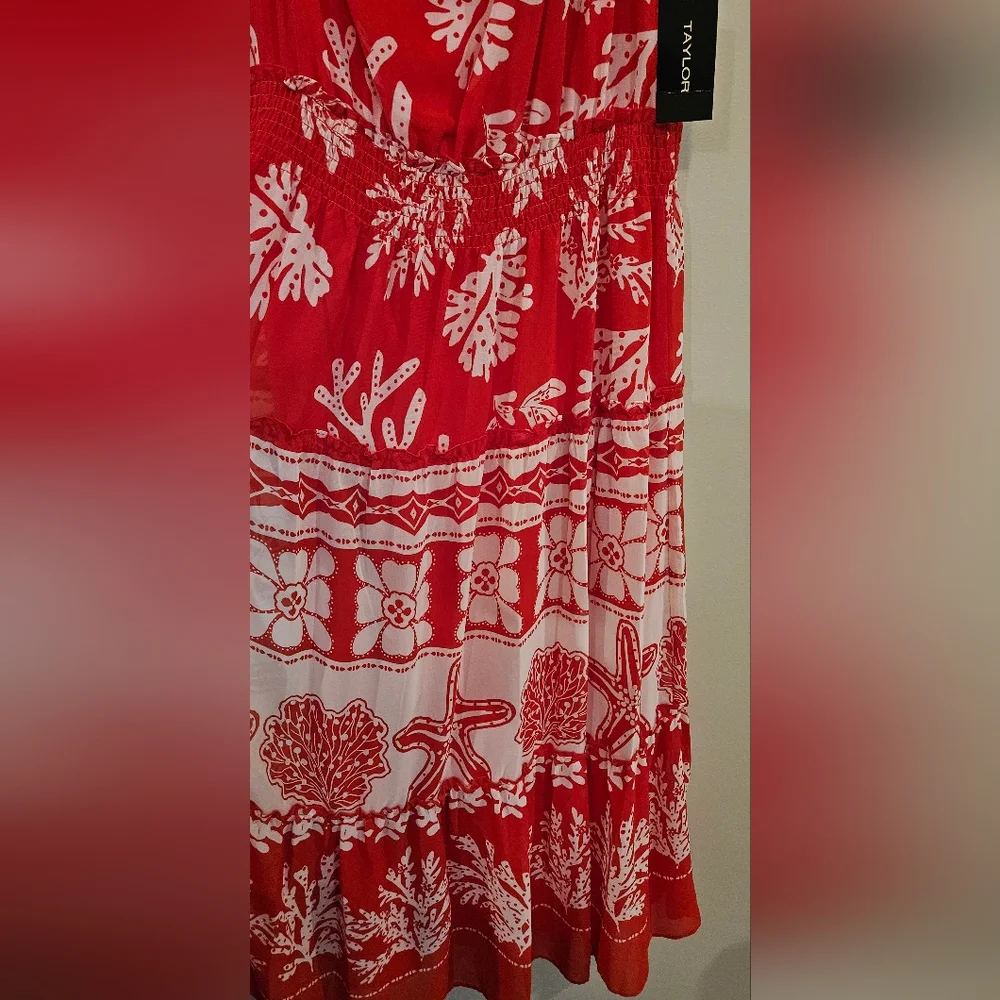 Taylor One-shoulder Tiered Dress Size- 12 Color-Red & White Coral/Starfish Print